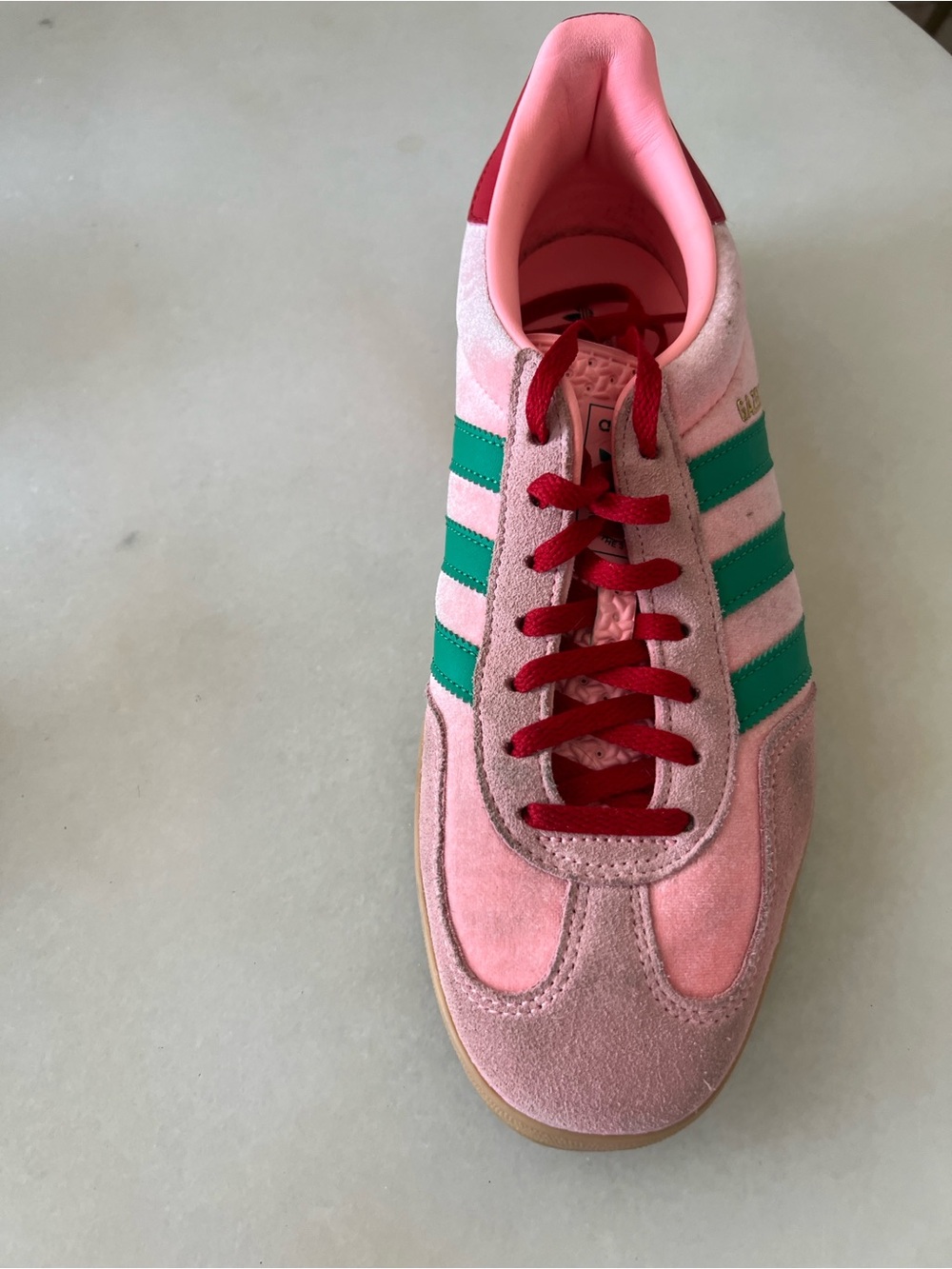 adidas Pink Suede Sneaker with Green Stripes and Red Laces